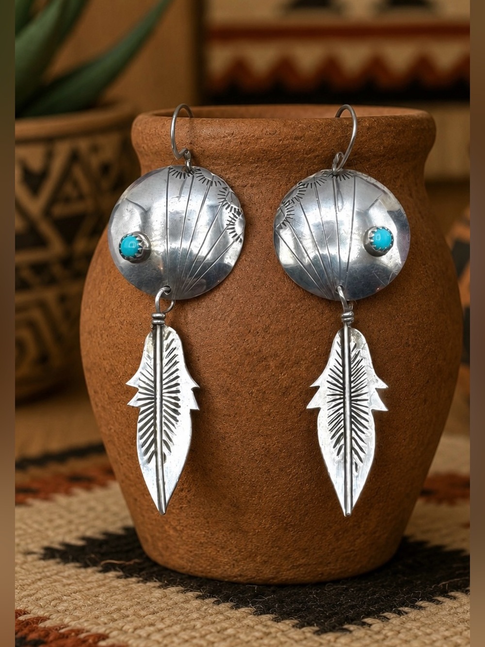 Vintage Navajo Native American Sterling Silver Turquoise Feather Dangle Earrings